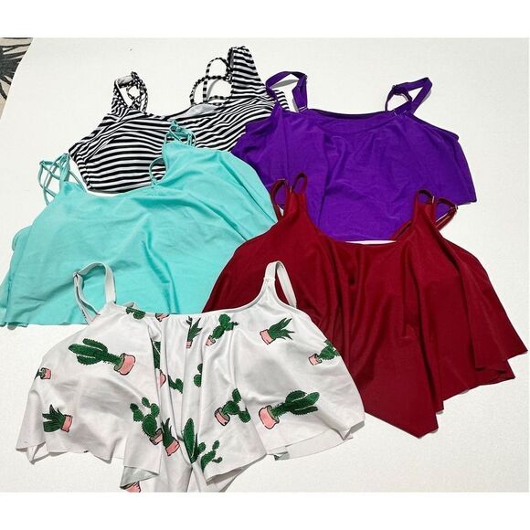 RoseGal Flounce Bikini Top Bundle 5 Tops Striped Cactus Red Turquoise Purple 1X - Picture 11 of 16